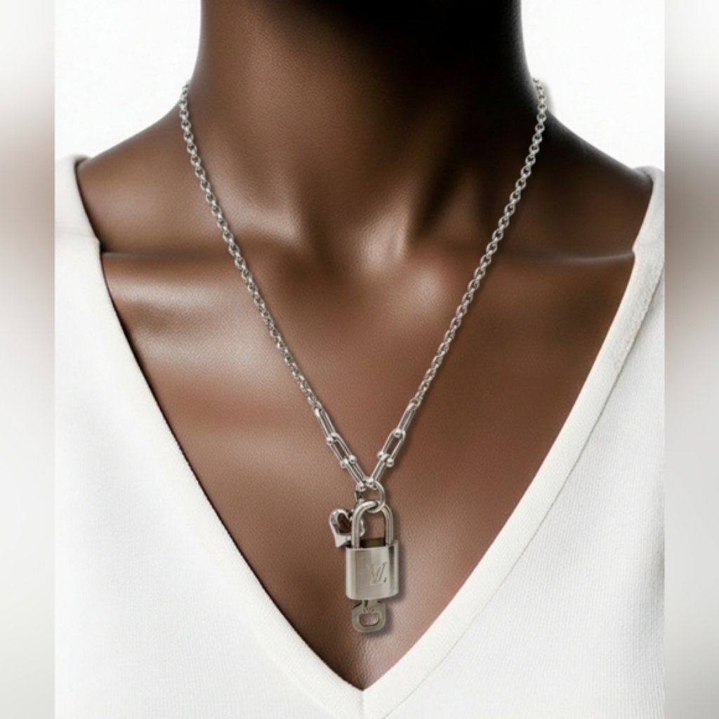 Stainless Steel Silver-Plated Necklace With Authentic Louis Vuitton Padlock